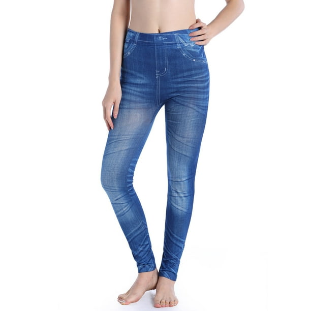 Jeans-look Women Skinny Jeggings Stretchy Leggings Pencil Pocket Pants Trousers 